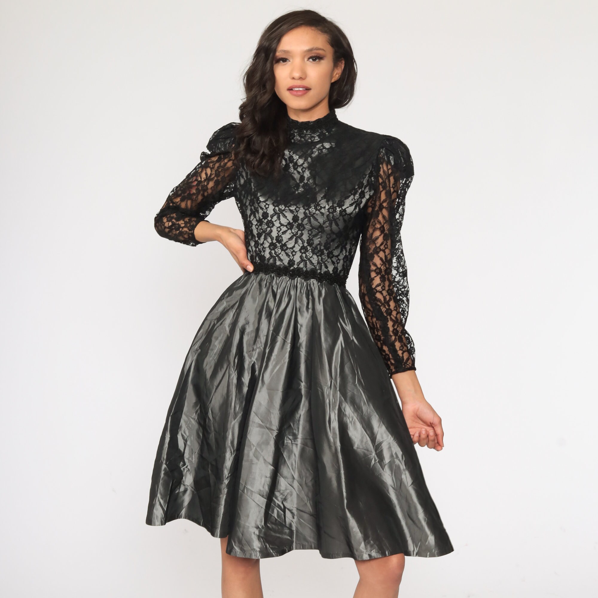 80s Party Dress Taffeta Lace Dress Midi Puff Sleeve Metallic Etsy