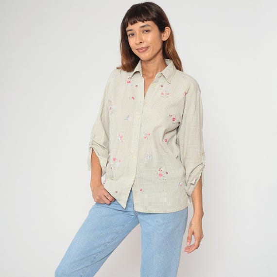 90s Gingham Shirt Sage Green Beige Checkered Floral Embroidered Cotton Blouse Cottagecore Prairie Academic Preppy Micro Check Vintage Small