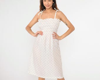 Vestito estivo floreale anni '70, abito boho, abito estivo bianco, boho midi, estivo, vintage, arricciato, vita alta, spalline sottili, hippie, piccolo, medio, xs
