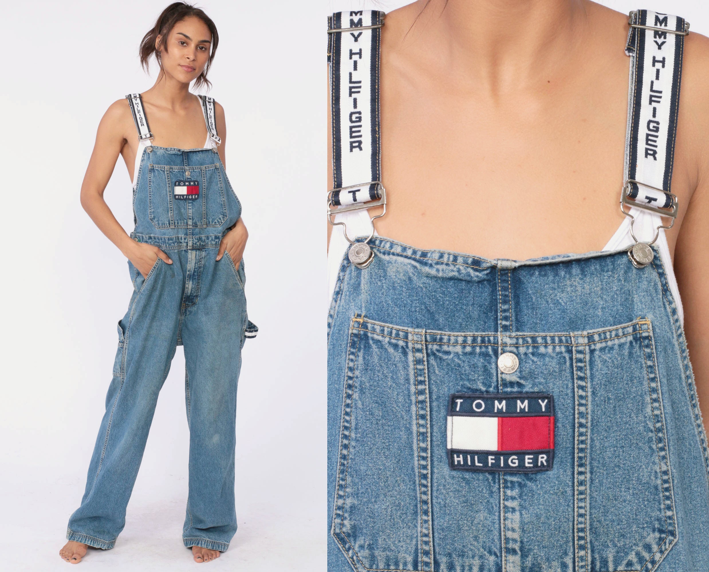 Overalls TOMMY HILFIGER Women 90s Denim Pants Baggy Long Jean Pants 1990s Streetwear Vintage Medium Large