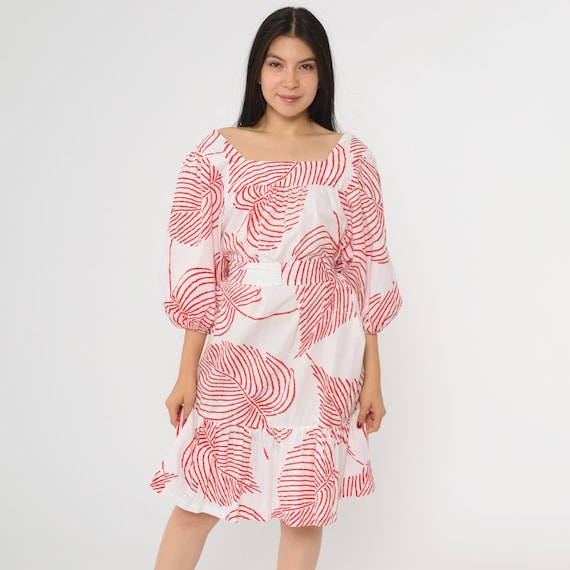 Tropical Tent Dress Boho 80s Red White Floral Midi Dress Leaf Print Summer Dress Bohemian Vintage 1980s Retro Trapeze 3/4 Sleeve Large L