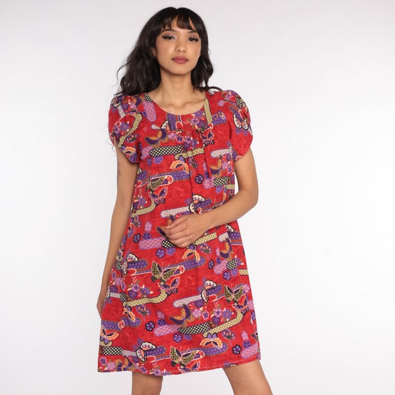 Butterfly Tent Dress 80s Mini Boho Psychedelic Dress Lounge Hippie Boho Dress Bohemian Vintage Puff Sleeve Red Minidress Small S
