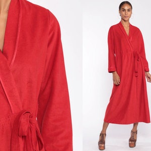 Long Red Robe 70s Wrap Fleece Maxi Lounge Wear Robe Long Sleeve Boho Hippie Pajama 1970s Loungewear Vintage Small
