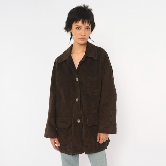 Y2K Brown Corduroy Jacket Cotton Button Front Chore Coat Boxy Chocolate Dark Academia Grandpacore Long Sleeve Pointed Collar Pockets Small S