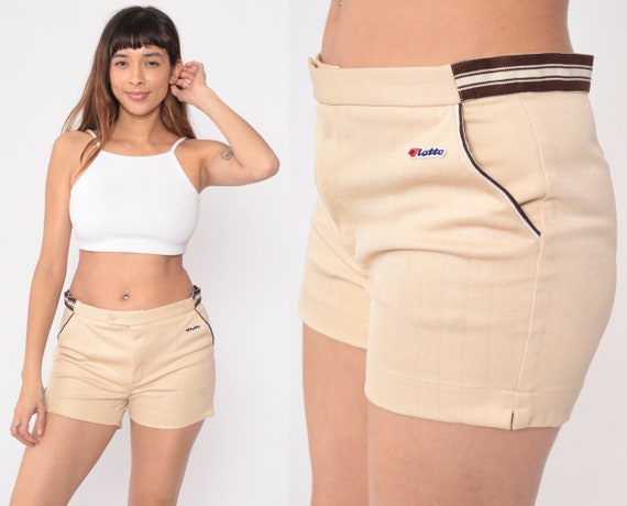 70s Tennis Shorts Lotto Light Tan Retro Preppy Shorts Striped Brown Athletic Mid Rise Shorts Sports Preppy Vintage 1970s Men's Small S