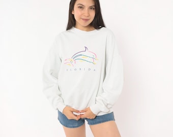 90s Florida Dolphin Sweatshirt White Crewneck Pullover Souvenir Beach Cotton Tourist Vacation Sweater Relaxed Fit Surf Coastal 90s Large L
