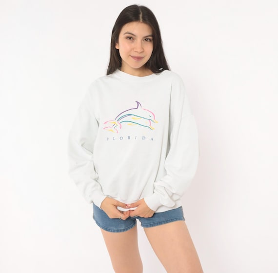 90s Florida Dolphin Sweatshirt White Crewneck Pullover Souvenir Beach Cotton Tourist Vacation Sweater Relaxed Fit Surf Coastal 90s Large L
