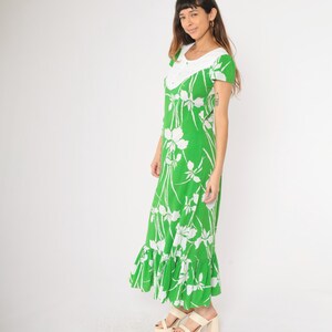 Vintage 70s Green Hawaiian Maxi Dress White Floral Print Puff Sleeve ...