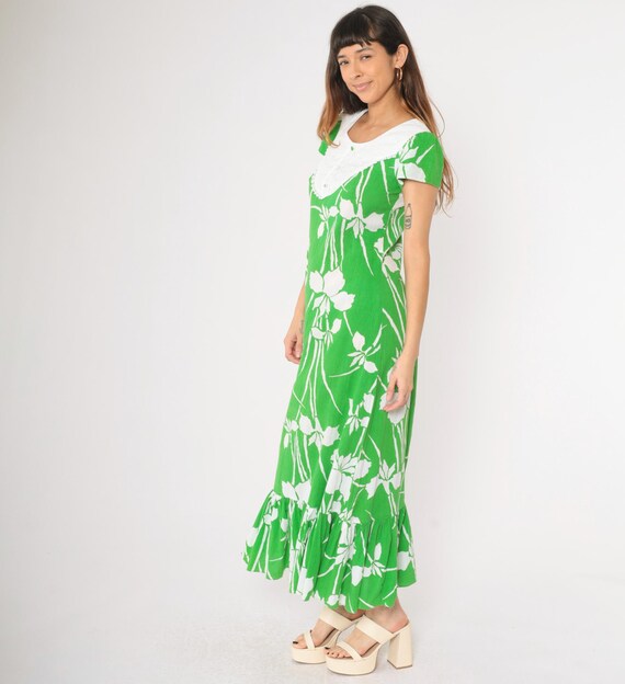 Vintage 70s Green Hawaiian Maxi Dress White Floral Pr… - Gem