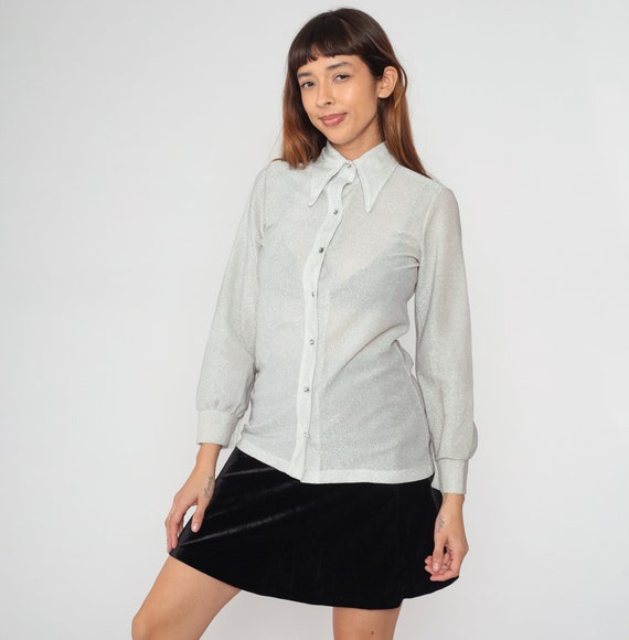 Metallic Silver Blouse 70s Rhinestone Button Up Disco Shirt Sparkly Top Semi-Sheer Party Shirt Dagger Collar Glam Long Sleeve 1970s Small