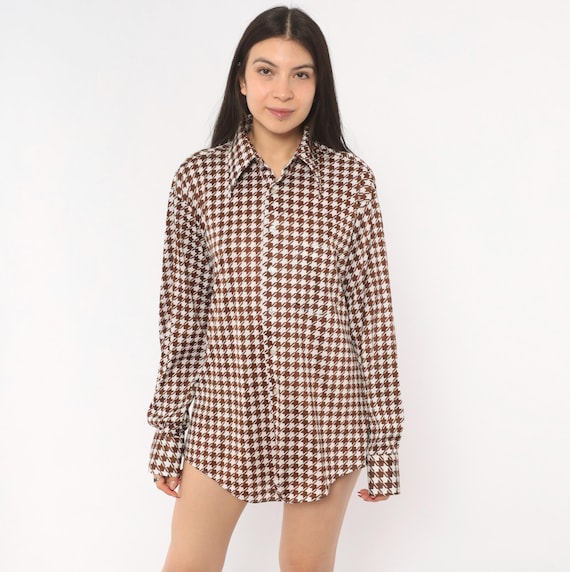 70s Houndstooth Button Up Shirt Brown White Check Print Pointed Collar Long Sleeve Chest Pocket Unisex Plaid Blouse Vintage Top Large L
