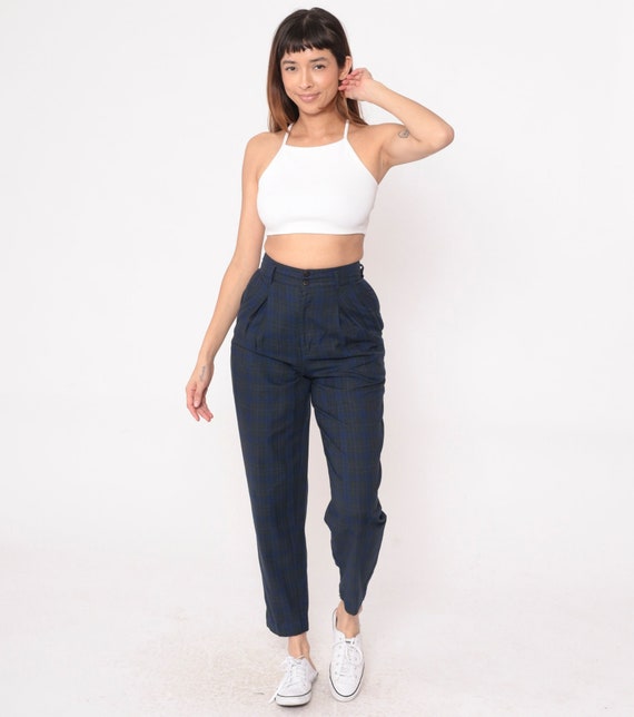 Tapered Plaid Trousers 80s Pleated Pants Blue Charcoal Grey Tartan High Waisted Trousers Checkered 1980s Vintage Palmettos Extra Small xs