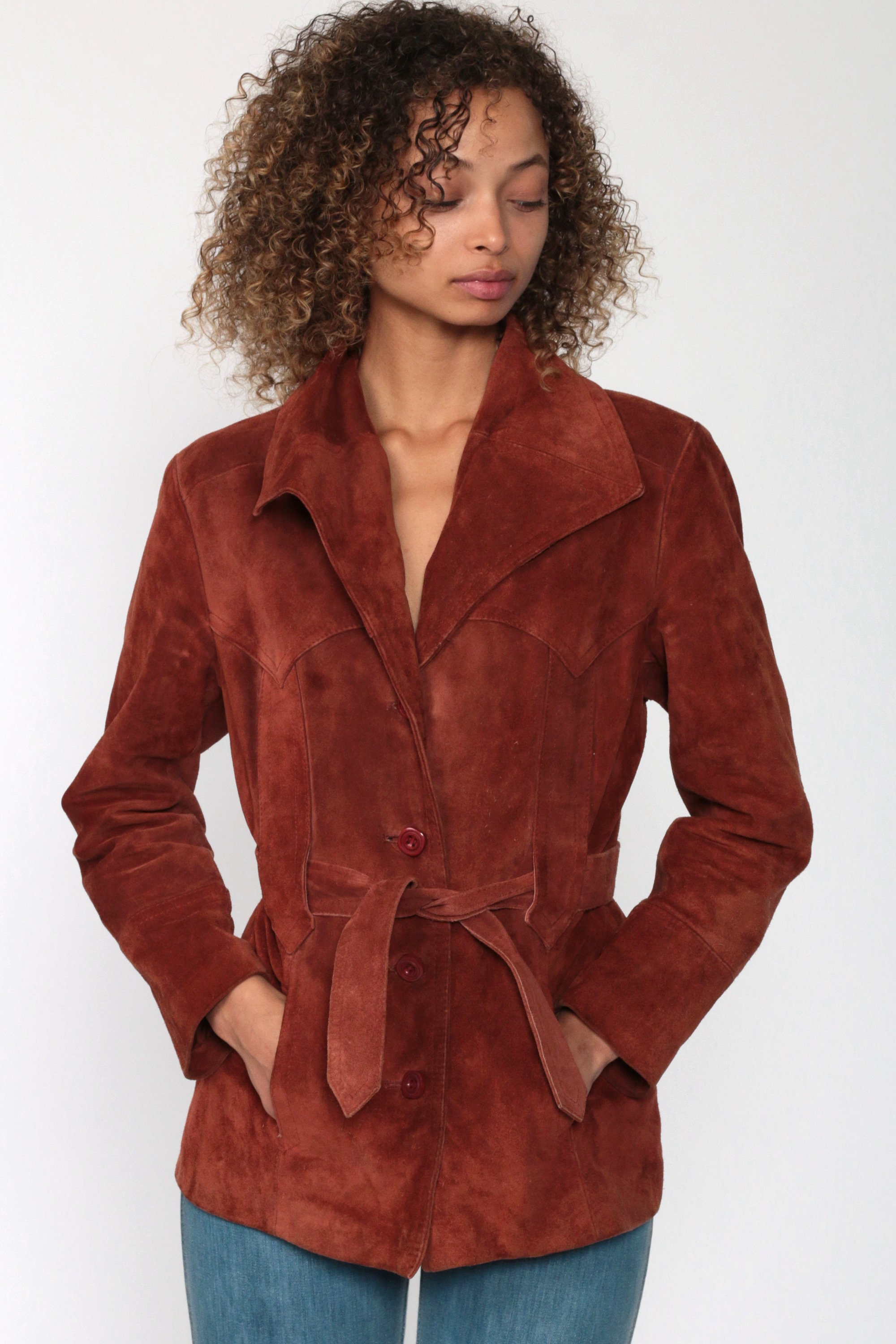 70s Suede Jacket Brown Leather Jacket Bohemian Coat Boho Hippie Jacket BELTED Jacket Fitted 