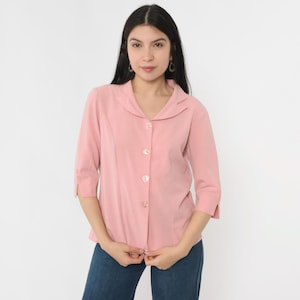 Vintage Pink Blouse 90s Button Down Shirt Collared 3/4 Sleeve Lightweight Pastel Top Fitted Princess Seams 1990s Minimalist Medium Large