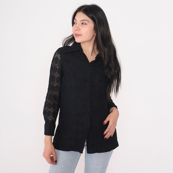Black Lace Blouse 80s Button up Shirt Long Sleeve Sheer Top Floral Cutout Boho Cut Out Hippie Bohemian Button Down Vintage 1980s Small S