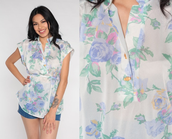 70s Floral Blouse Semi-Sheer White 70s Top Mandarin Collar Toggle Button Up Shirt Cap Sleeve Collared Bohemian Top Boho Blouse 1970s Medium