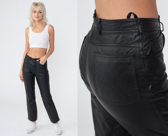 Black Leather Pants 80s Leather Trousers Retro Mid Rise Straight Leg Ankle Pants Punk Club Party Boho Rocker Vintage 1980s Extra Small xs