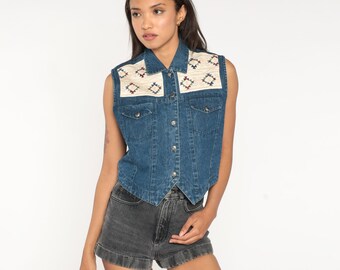Jeans Weste Boho Weste 90er Jahre Hippie Weste Bestickt 1990er Jahre Weste Boho Vintage Weste mit Taschen Blau Medium