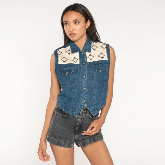 Denim Vest Southwestern Vest Boho Vest 90s Hippie Jean Vest Embroidered Button Up 1990s Bohemian Southwest Vintage Pocket Blue Medium