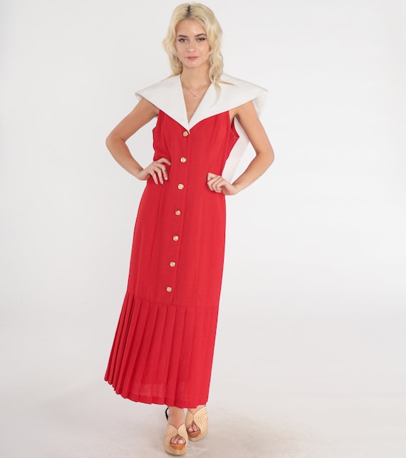 Sailor Collar Dress 80s Red Sundress Collared Button up Day Dress Bow Back Sleeveless Retro Ankle Length Maxi Summer Vintage 1980s Medium M