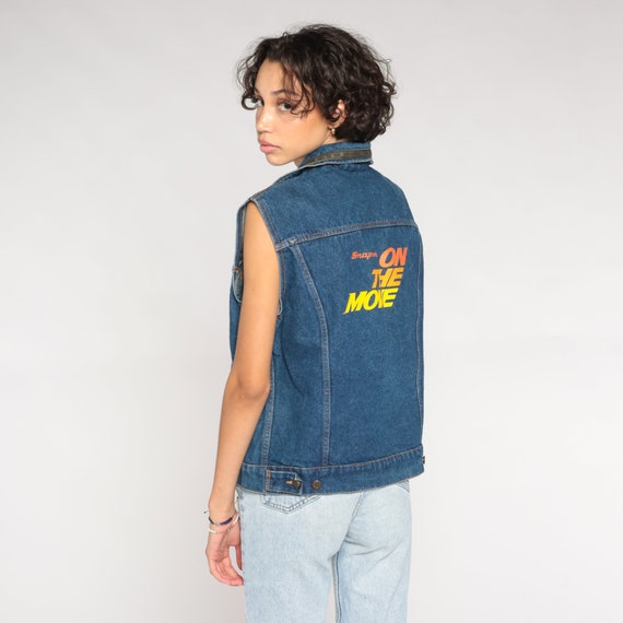 Denim Vest 90s Snap On Tools Button up Jean Vest One The Move Blue Sleeveless Jean Jacket Leather Trim Retro Biker Vintage 1990s Mens Medium