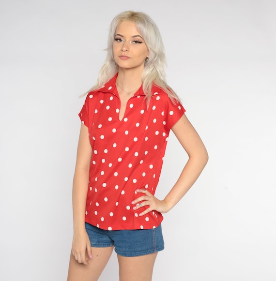 Polka Dot Top 70s Red Collared Shirt Retro Preppy Boho Girly Cap Sleeve Blouse Bohemian Hippie Seventies Preppy Vintage 1970s Medium Large