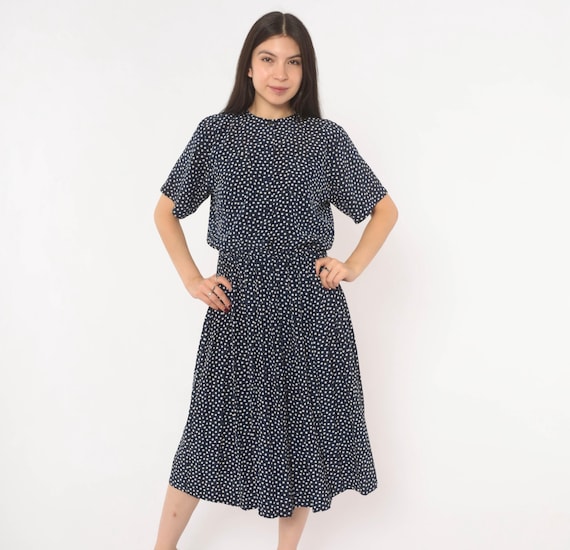 Navy Polka Dot Dress 90s Button Front Midi White Spotted Print Short Sleeve Pleated Skirt Crew Neck Vintage Day Frock Medium M