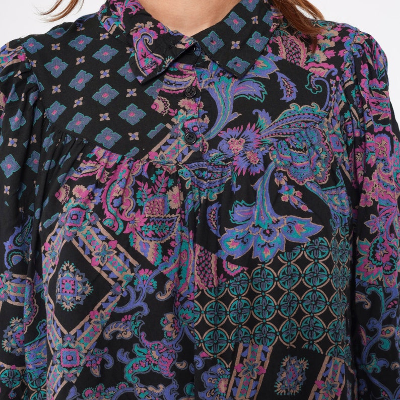 Boho Tunic Top 90s Micro Mini Dress Black Abstract Floral Paisley Print Tent Shirt Puff Sleeve Collared Blouse Vintage 1990s Medium Large image 3