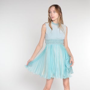Vintage 60s Party Dress Blue Sparkly Cocktail Dress Mock Neck Sleeveless Empire Waist Pleated Full Sixties Prom Formal 1960s Extra Small xs