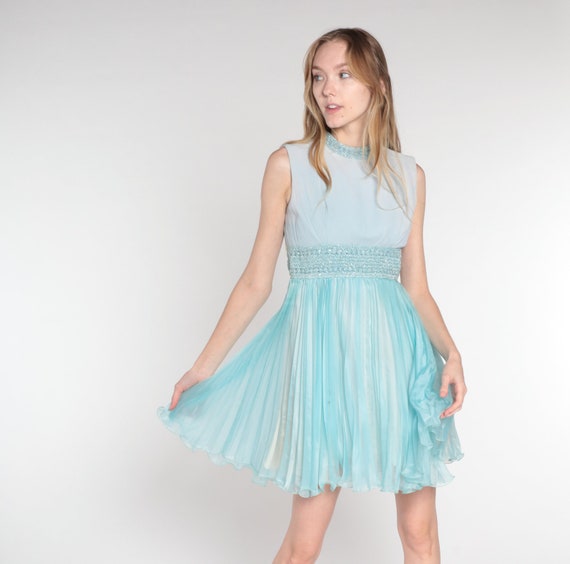 Vintage 60s Party Dress Blue Sparkly Cocktail Dress Mock Neck Sleeveless Empire Waist Pleated Full Sixties Prom Formal 1960s Extra Small xs