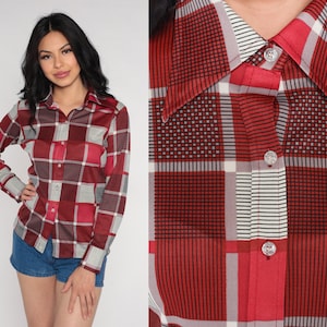 70s Disco Top Red Checkered Blouse Geometric Shirt Hippie Blouse Bohemian Shirt 1970s Long Sleeve Button Up Boho Small S
