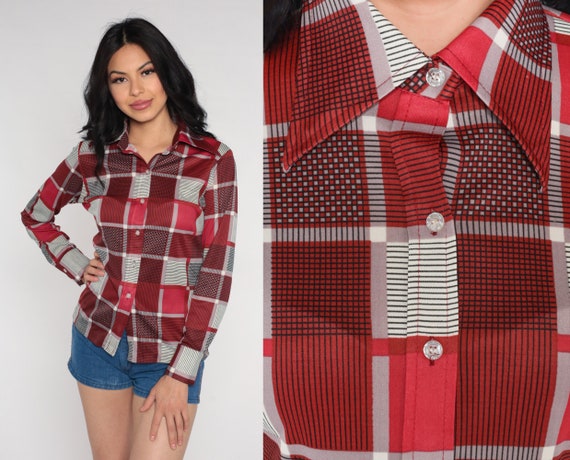 70s Disco Top Red Checkered Blouse Geometric Shirt Hippie Blouse Bohemian Shirt 1970s Long Sleeve Button Up Boho Small S