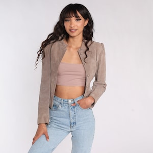 Taupe Suede Blazer 80s Leather Puff Sleeve Jacket Bohemian Girly Ruffled Boho Hippie Coat Gothic Chic Button Up Vintage 1980s Extra Small xs