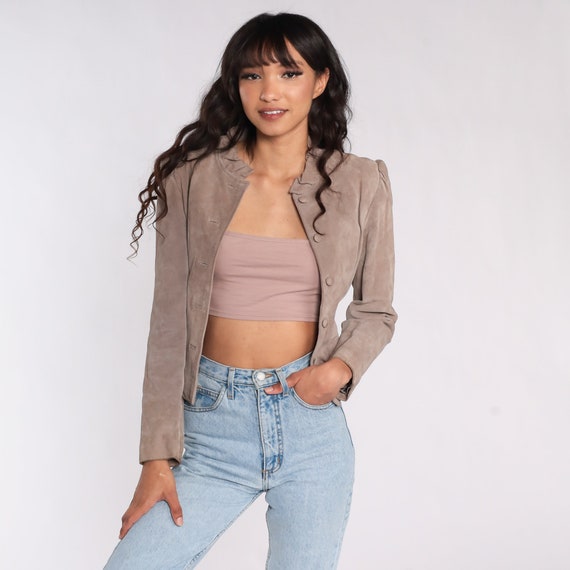 Taupe Suede Blazer 80s Leather Puff Sleeve Jacket Bohemian Girly Ruffled Boho Hippie Coat Gothic Chic Button Up Vintage 1980s Extra Small xs