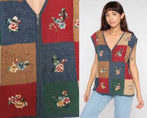 Floral Embroidered Vest Sweater Vest Top 90s Vest Color Block Tank Top Blue Knit Shirt Zip Up Sleeveless 1990s Vintage Koret Extra Large xl