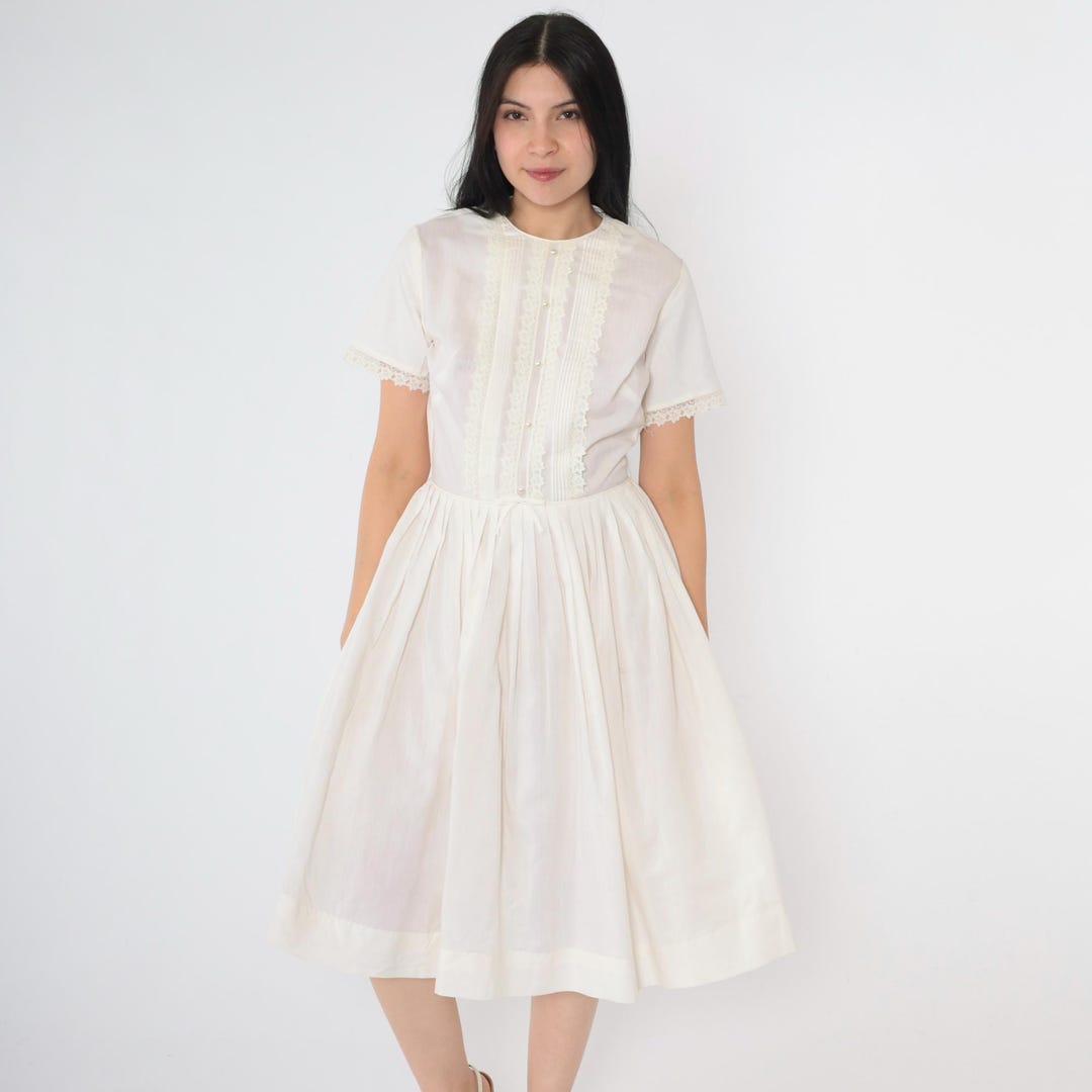 Vintage 60s White Pleated Dress Lace Pearl Button up Tea Length Midi — free download