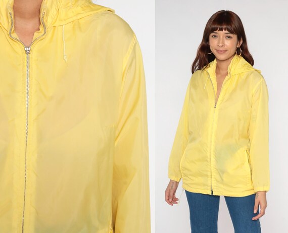 Hooded Windbreaker 80s Yellow Jacket Running Zip up Hoodie Nylon