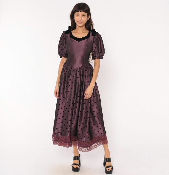 Plum Polka Dot Gown 90s Puff Sleeve Formal Dress Purple Black Velvet Trim V Neck Lace Hem Drop Waist Evening Violet Gothic Prom Small S