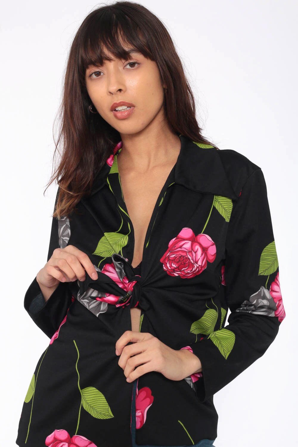 boho print knot front blouse