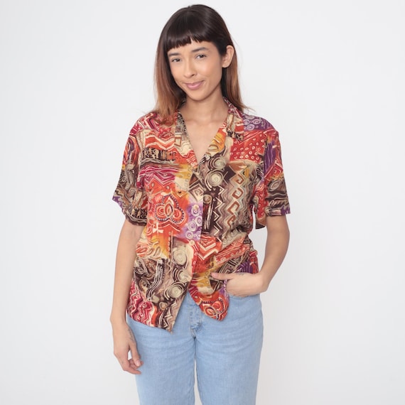 90s Abstract Print Shirt Multicolor Geometric Short Sleeve Collared Southwestern Vintage Top Red Brown Purple Beige Pattern Medium M