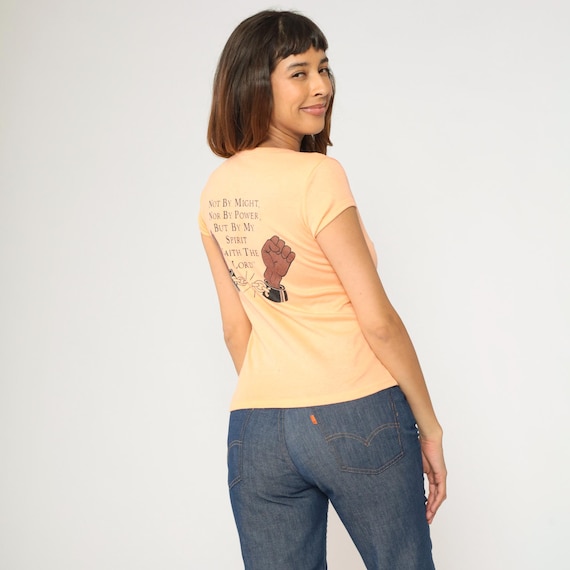 70s Peach Graphic Tee Amazing Grace Outreach T-Shirt Religious Baby Tee Short Sleeve Vintage 1970s Bible Verse Scoop Neck Small S