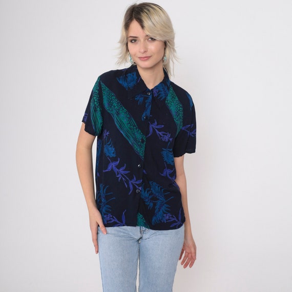 Tropical Leopard Shirt 90s Black Rayon Leaf Print… - image 4