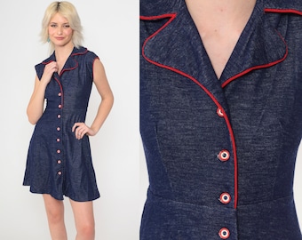 70s Mini Dress Dark Blue Mod Dress Button Up Shirtdress Boho High Waisted 1970s Vintage Retro Cap Sleeve Bohemian Retro Extra Small xs