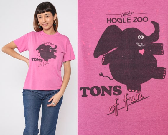 80s Elephant Shirt Hogle Zoo T-Shirt Cute Funny Cartoon Animal Tons of Fun Graphic Tee Salt Lake City Utah Tshirt Pink Vintage 1980s Medium