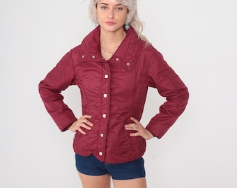 Puffer Jacket 80s Vintage Burgundy Sportscaster Snap Front Quilted Nylon Lightweight Ski Maroon Winter Coat Outerwear Wine Red Small S