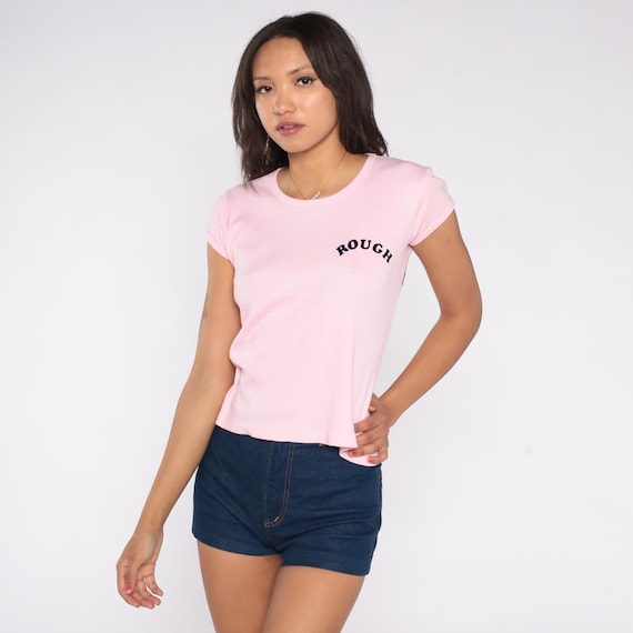 80s Pink Graphic Tee Shirt "Rough Ken's Liquor Store" Print Short Sleeve Vintage Cropped Novelty Retro Funny Top Humor Tee Medium M 8