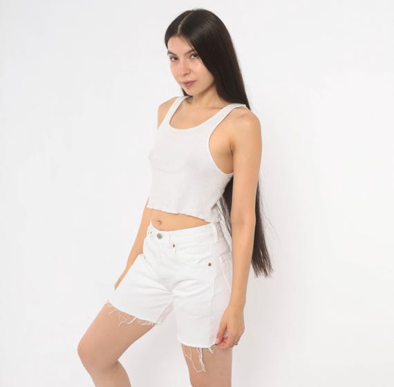White Levi's 501 Cutoff Shorts 90s Denim High Rise Button Fly Raw Hem Cotton Jean Mid Thigh Vintage Cut Off Summer Straight Leg Small S
