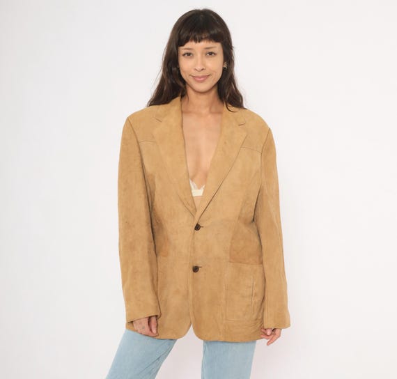 70s Suede Blazer Tan Camel Leather Jacket Notched Lapel Two Patch Pocket Sand Brown Sport Coat Vintage Western Tailored Mens Small S