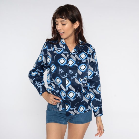 70s Geometric Shirt Disco Top Blue Dagger Collar Bohemian Shirt Op Art 1970s Hippie Psychedelic Long Sleeve Button Up Boho Retro Large L