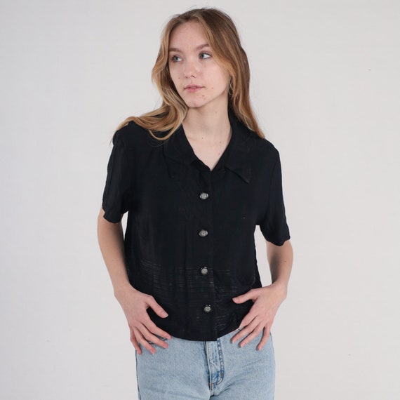 Black Blouse 90s Button Up Shirt Shiny Striped Top Retro Plain Simple Short Sleeve Preppy Basic Formal Minimal Boxy Vintage 1990s Large L